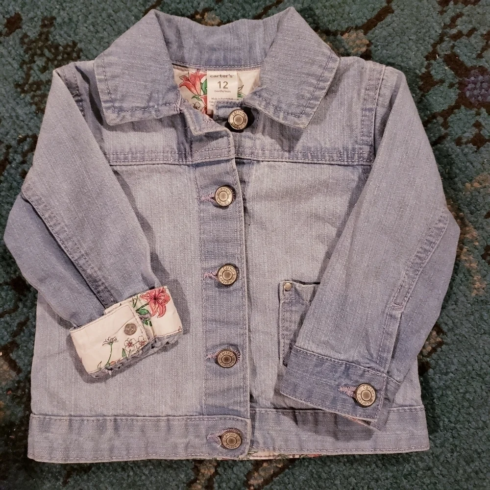 Carter's Jean Jacket Blue Floral Accents Roll Up